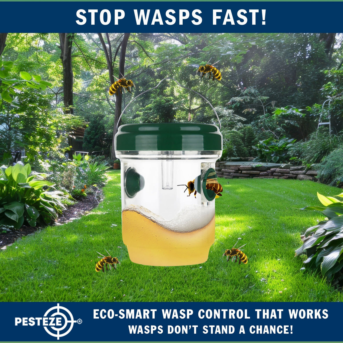 PESTEZE® USA Reusable Solar Hanging Wasp Trap with LED Light [Green: 3.5 x 4.4 Inch] Attracts, & Kills Wasp, Hornet, Yellow Jacket & Insect Species 24/7 Without Harsh Chemicals– Waterproof Outdoor Trap