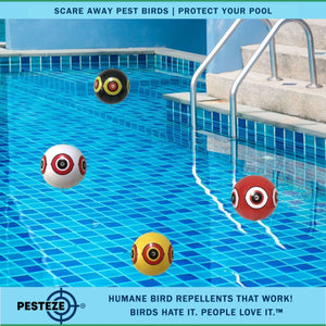 PESTEZE® Large 15" Yellow, Red, White & Black Bird Scare-Eye Balloon Deterrents [4 Pack Multi-Color] Repels Unwanted Pest Birds like Pigeons, Gulls, Geese & Critters from Pools & Yards Without Harming Them To Protect Property