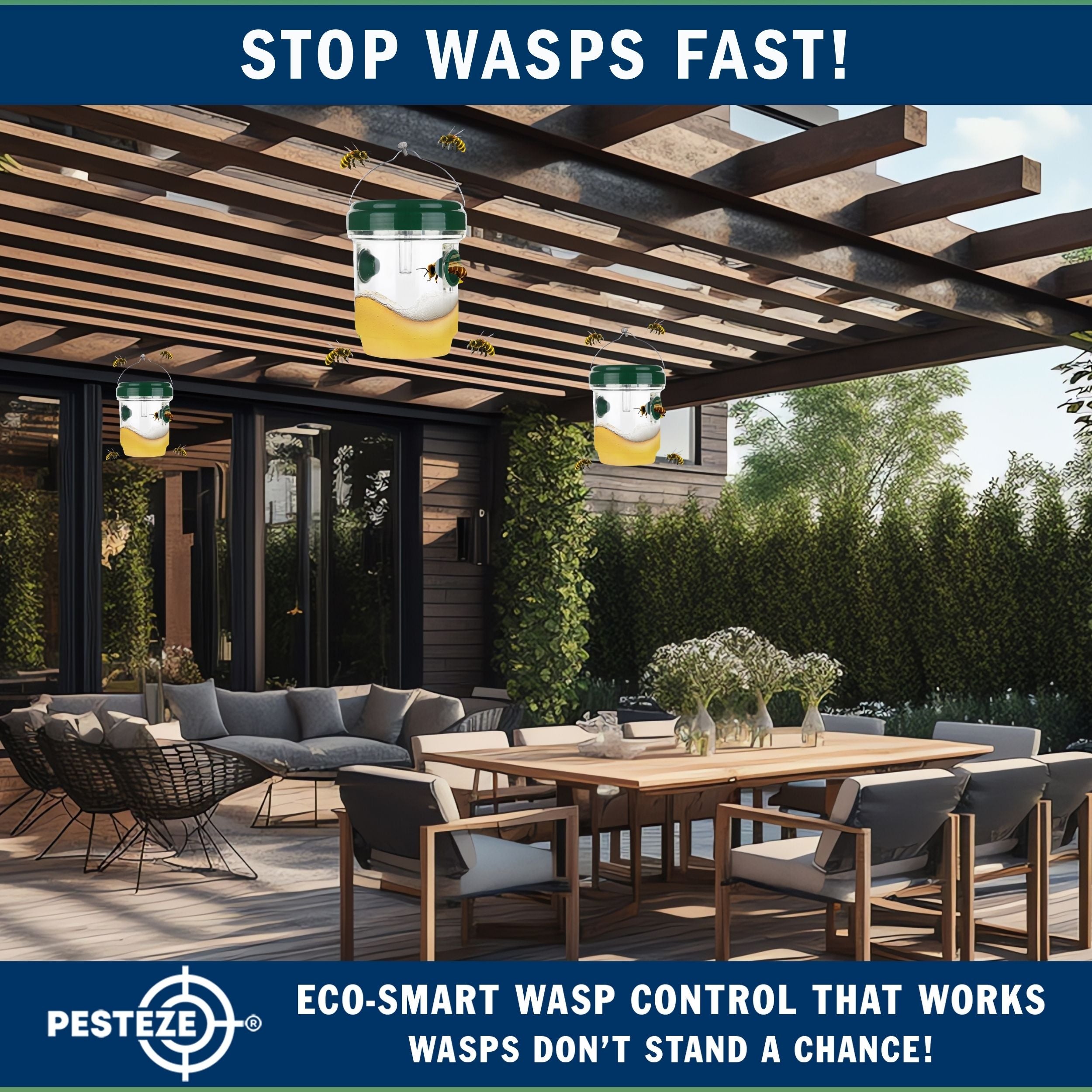 2 Pack PESTEZE® Reusable Solar Hanging Wasp Trap with LED Light [Green: 3.5 X 4.4 Inch] Attracts, Catches & Kills Wasp, Hornet, Yellow Jacket & Insect Species 24/7 without Harsh Chemicals. Waterproof