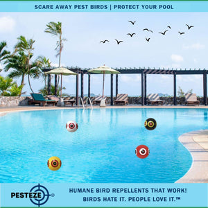 PESTEZE® Large 15" Yellow, Red, White & Black Bird Scare-Eye Balloon Deterrents [4 Pack Multi-Color] Repels Unwanted Pest Birds like Pigeons, Gulls, Geese & Critters from Pools & Yards Without Harming Them To Protect Property