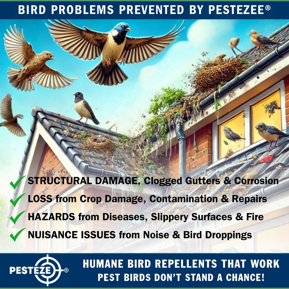 PESTEZE® USA Bird Scare Reflective Rods Bird Deterrent Outdoor Device for Birds Pigeons Crows Woodpeckers Sparrows Geese Reflective Spinners Bird Repellent for Patio Garden Roof Balcony [6 Pack Blue]