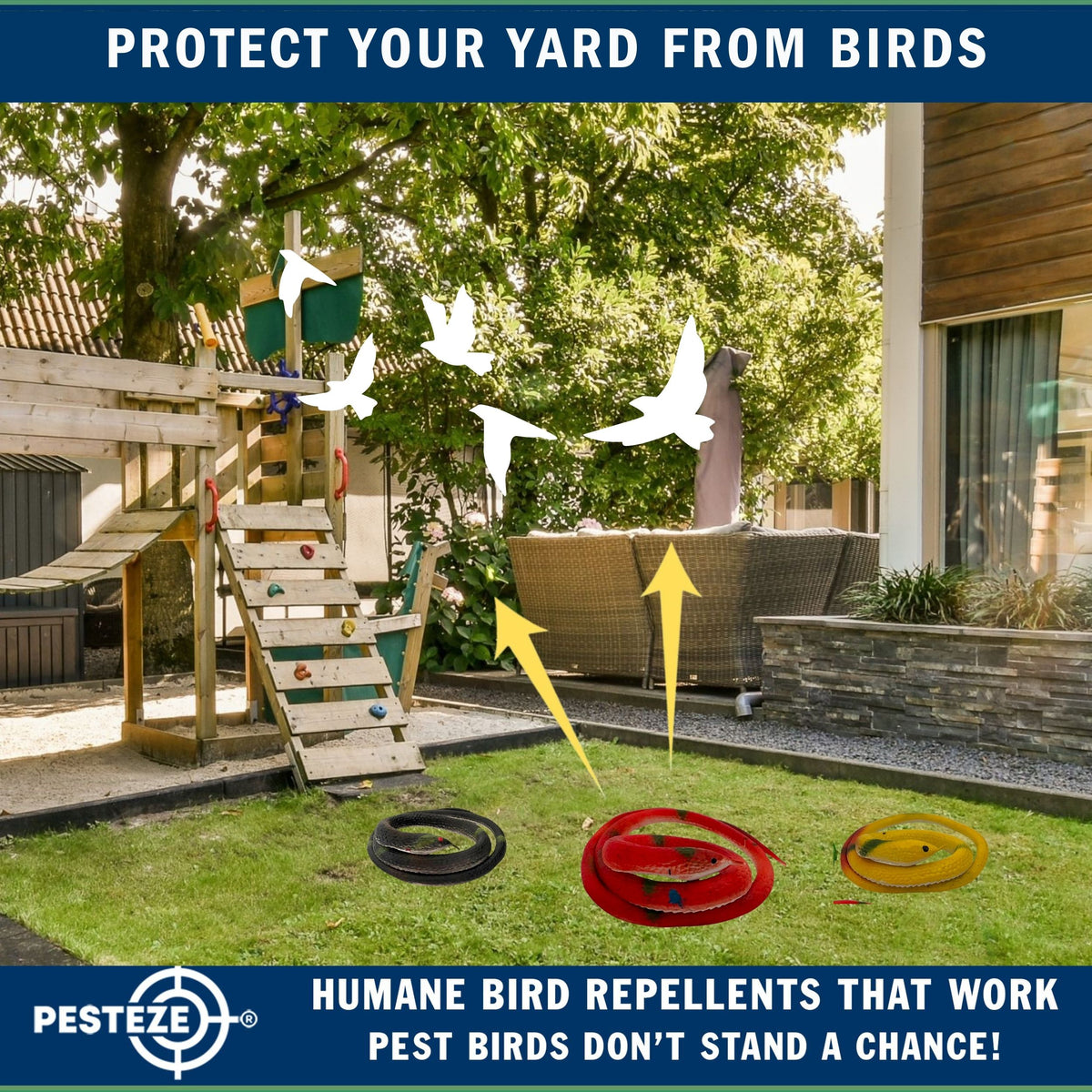 PESTEZE® USA Variety 27 Inch Realistic Rubber Snakes [10 Pack] Predators Pest Bids like Woodpeckers, Sparrows, Pigeons, Crows, Gulls & Critters without Harming them to Protect Property