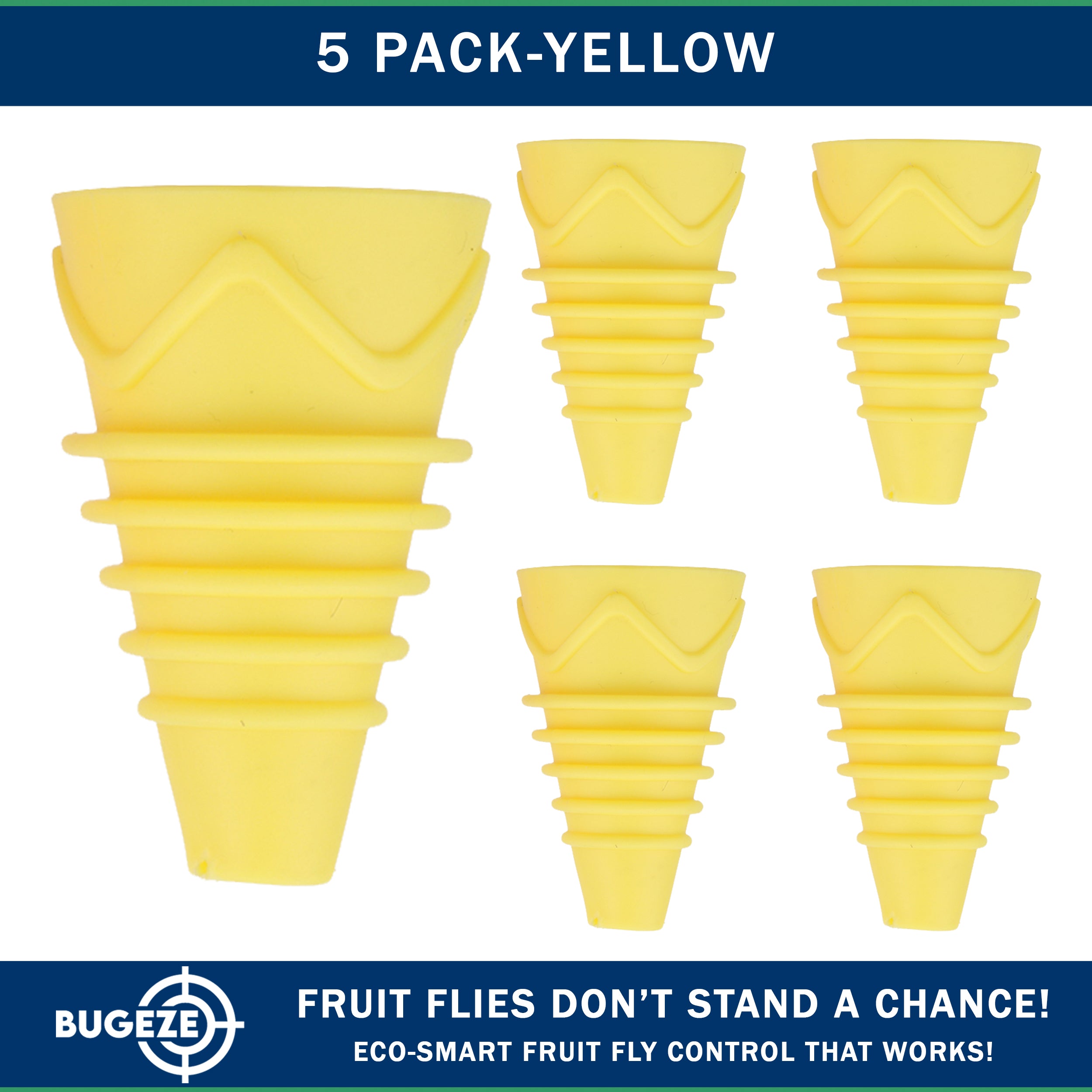 BUGEZE® USA Reusable Fruit Fly Trap for Indoors – Natural Bottle Top Gnat Trap for Kitchen & Home, Durable Indoor Fruit Fly Catcher for Counters, Pantry & Sink Areas [5 Pack Yellow]