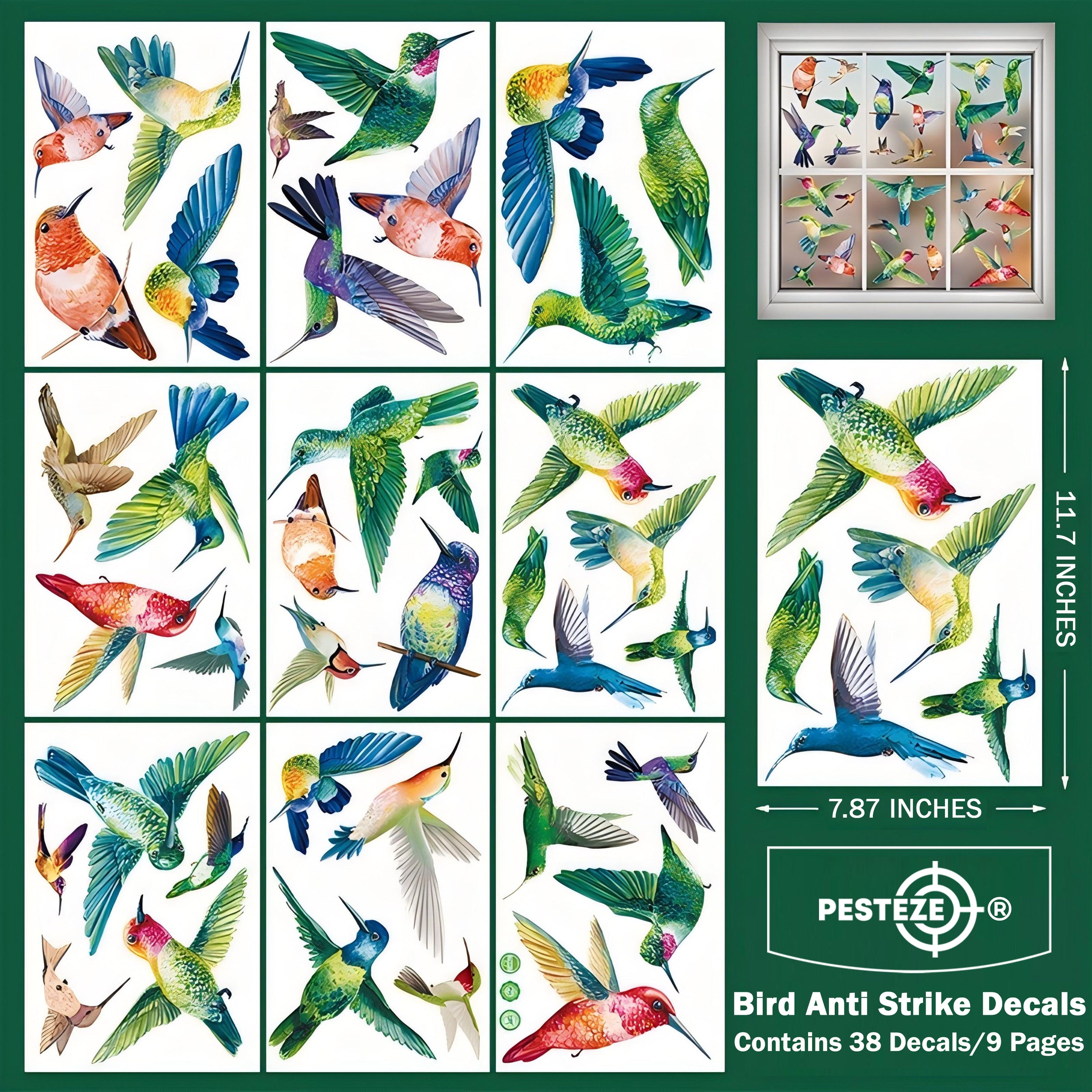 PESTEZE® Colorful Hummingbirds Anti Collision Static Cling Decals for Windows to Prevent Wild Bird Strikes [38 Decals/9 Pages] Bird Alert Window Decals Save Birds from Window Collisions & Help them Soar