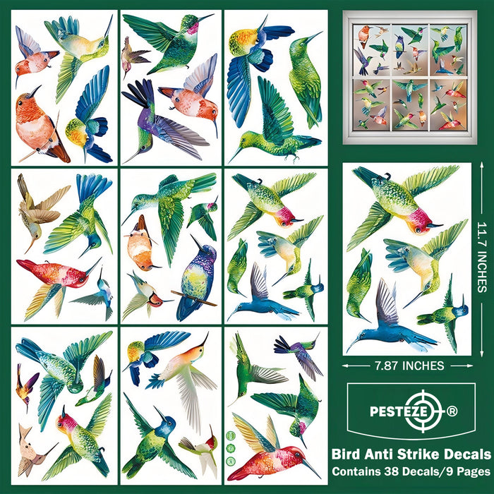 PESTEZE® Colorful Hummingbirds Anti Collision Static Cling Decals for Windows to Prevent Wild Bird Strikes [38 Decals/9 Pages] Bird Alert Window Decals Save Birds from Window Collisions & Help them Soar