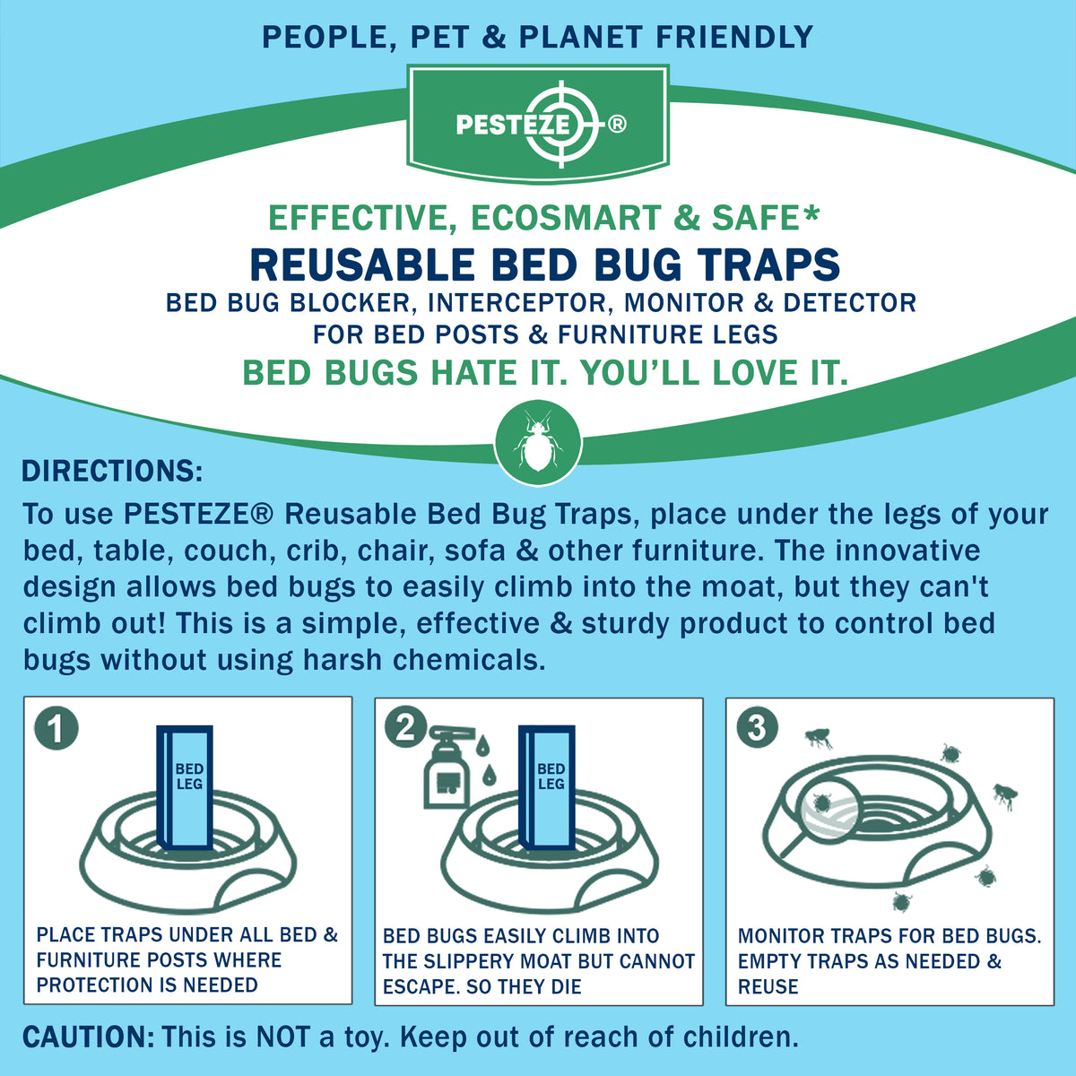 PESTEZE® USA Bed Bug Traps 4 Pack – Premium Reusable Bedbug Interceptors and Detectors for Bed Posts & Furniture – Chemical-Free Insect Trap Helps Monitor, Prevent Bugs Crawling on Beds, Sofas & Floors