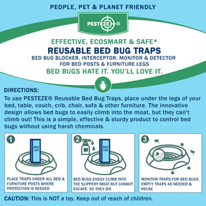 4 Pack PESTEZE® Reusable Bed Bug Insect Trap, Monitor &amp; Detector for Bed Posts &amp; Furniture Legs [6 x 1.5 Inch] Intercepts &amp; Protects against Bed Bugs without Harsh Chemicals