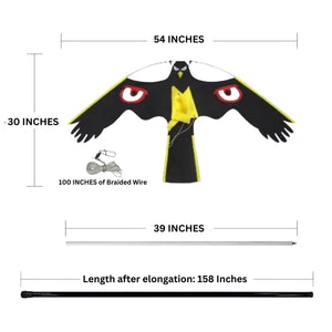 PESTEZE® Black Flying Hawk 46 x 26 Inch Kite with Scare Eyes & 13 ft Flagpole to Deter Birds. Use in Yards & Farms to Protect Vegetables, Fruits, Crops & Property from Pest Birds & Critters without Harming them