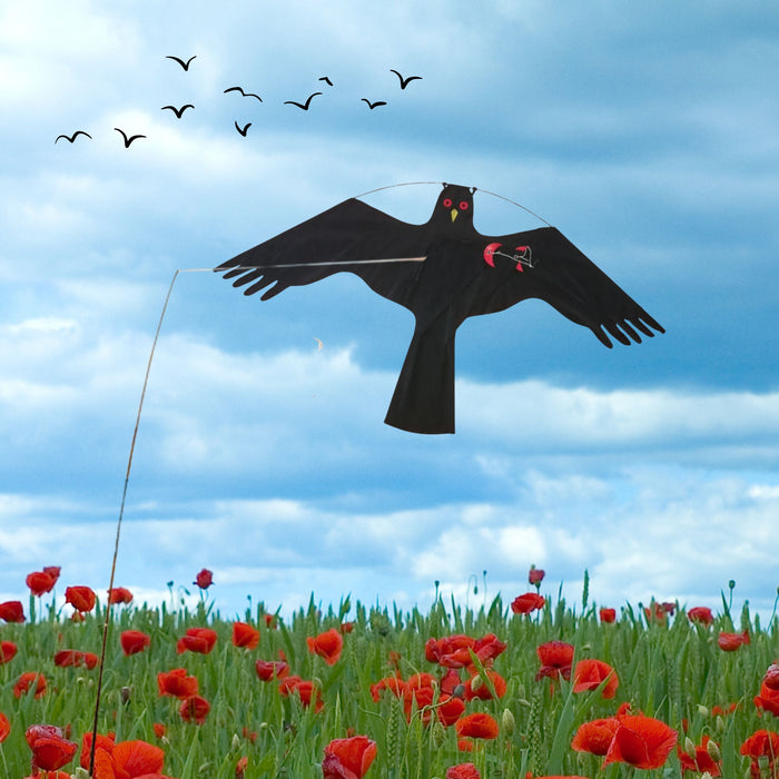 PESTEZE® Black Flying Hawk 46 x 26 Inch Kite Bird Deterrent with 13 ft Flagpole. Use in Yards & Farms to Protect Vegetables, Fruits, Crops & Property from Pest Birds & Critters without Harming them