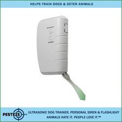 PESTEZE® Portable Battery Ultrasonic Dog Trainer, Personal Siren & Flashlight. Mayu also be used to Deter Unwanted Dogs to Protect Yourself & Family without Disturbing People - Pesteze