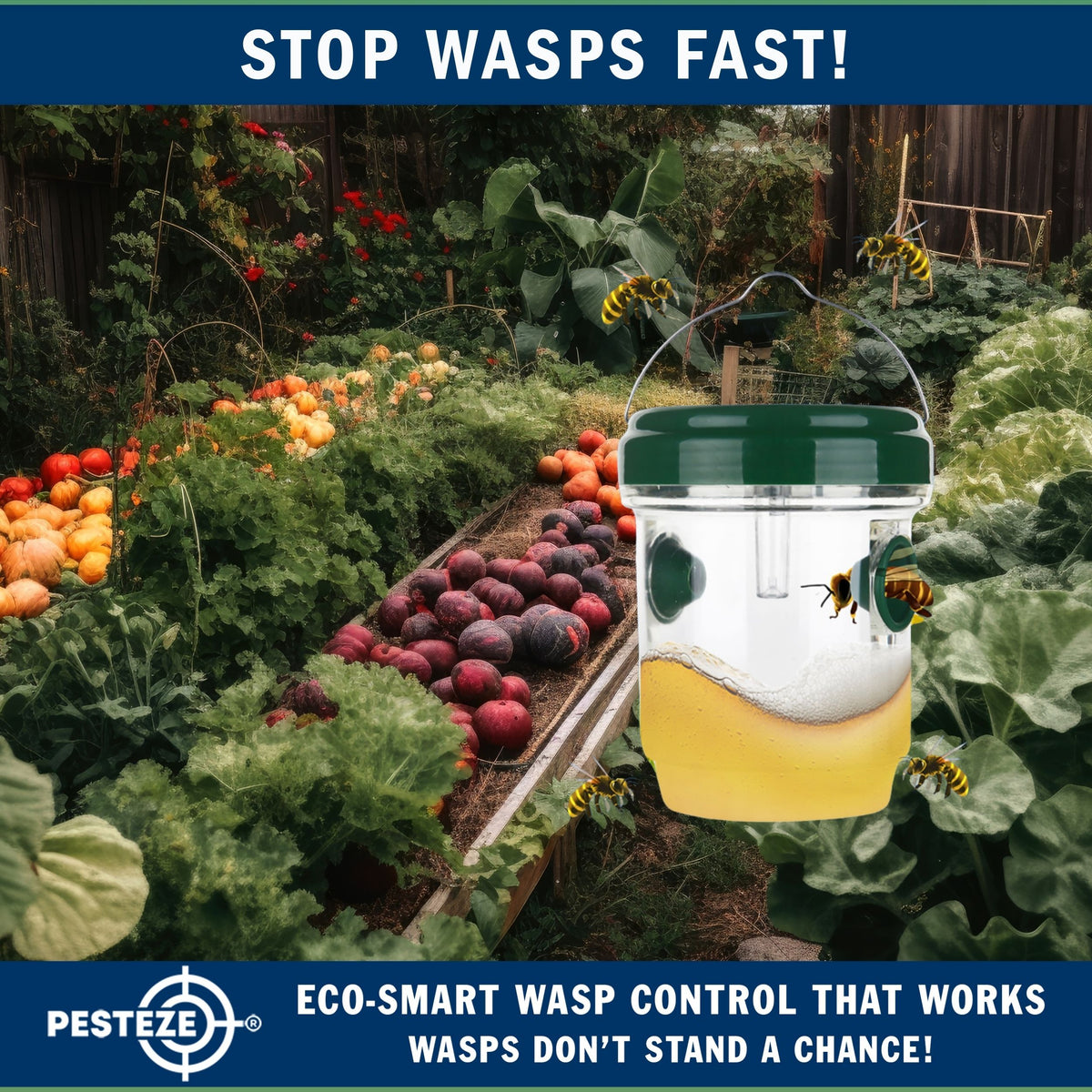 PESTEZE® USA Reusable Solar Hanging Wasp Trap with LED Light [Green: 3.5 x 4.4 Inch] Attracts, & Kills Wasp, Hornet, Yellow Jacket & Insect Species 24/7 Without Harsh Chemicals– Waterproof Outdoor Trap