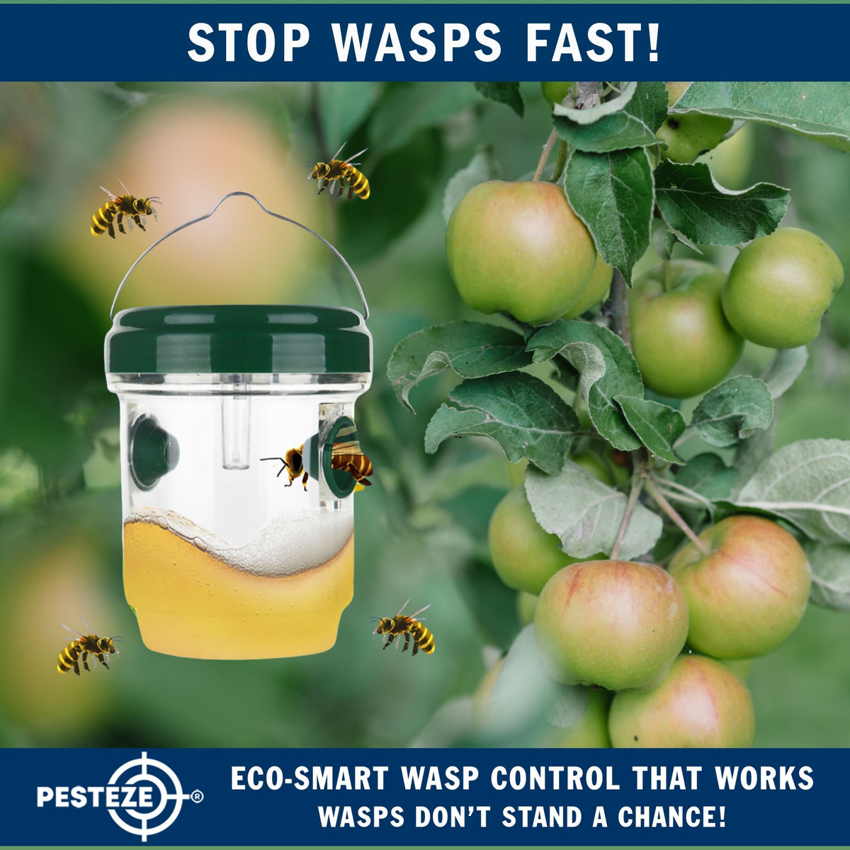 PESTEZE® USA Reusable Solar Hanging Wasp Trap with LED Light [Green: 3.5 x 4.4 Inch] Attracts, & Kills Wasp, Hornet, Yellow Jacket & Insect Species 24/7 Without Harsh Chemicals– Waterproof Outdoor Trap