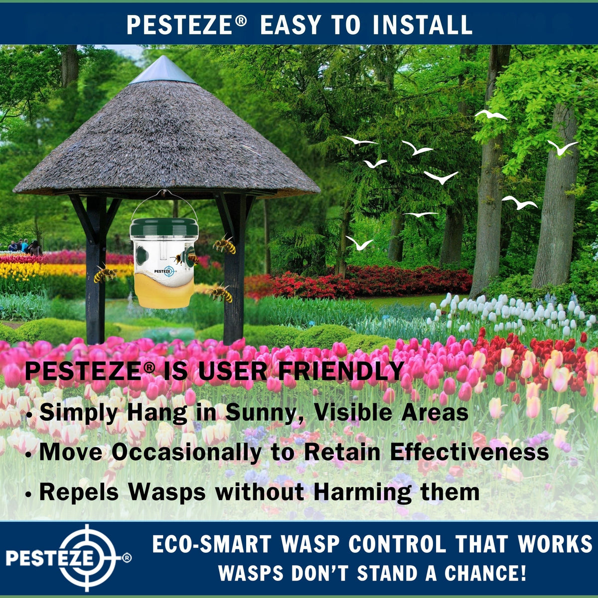PESTEZE® USA Reusable Solar Hanging Wasp Trap with LED Light [Green: 3.5 x 4.4 Inch] Attracts, & Kills Wasp, Hornet, Yellow Jacket & Insect Species 24/7 Without Harsh Chemicals– Waterproof Outdoor Trap