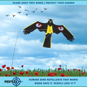 PESTEZE® Black Flying Hawk 46 x 26 Inch Kite with Scare Eyes & 13 ft Flagpole to Deter Birds. Use in Yards & Farms to Protect Vegetables, Fruits, Crops & Property from Pest Birds & Critters without Harming them