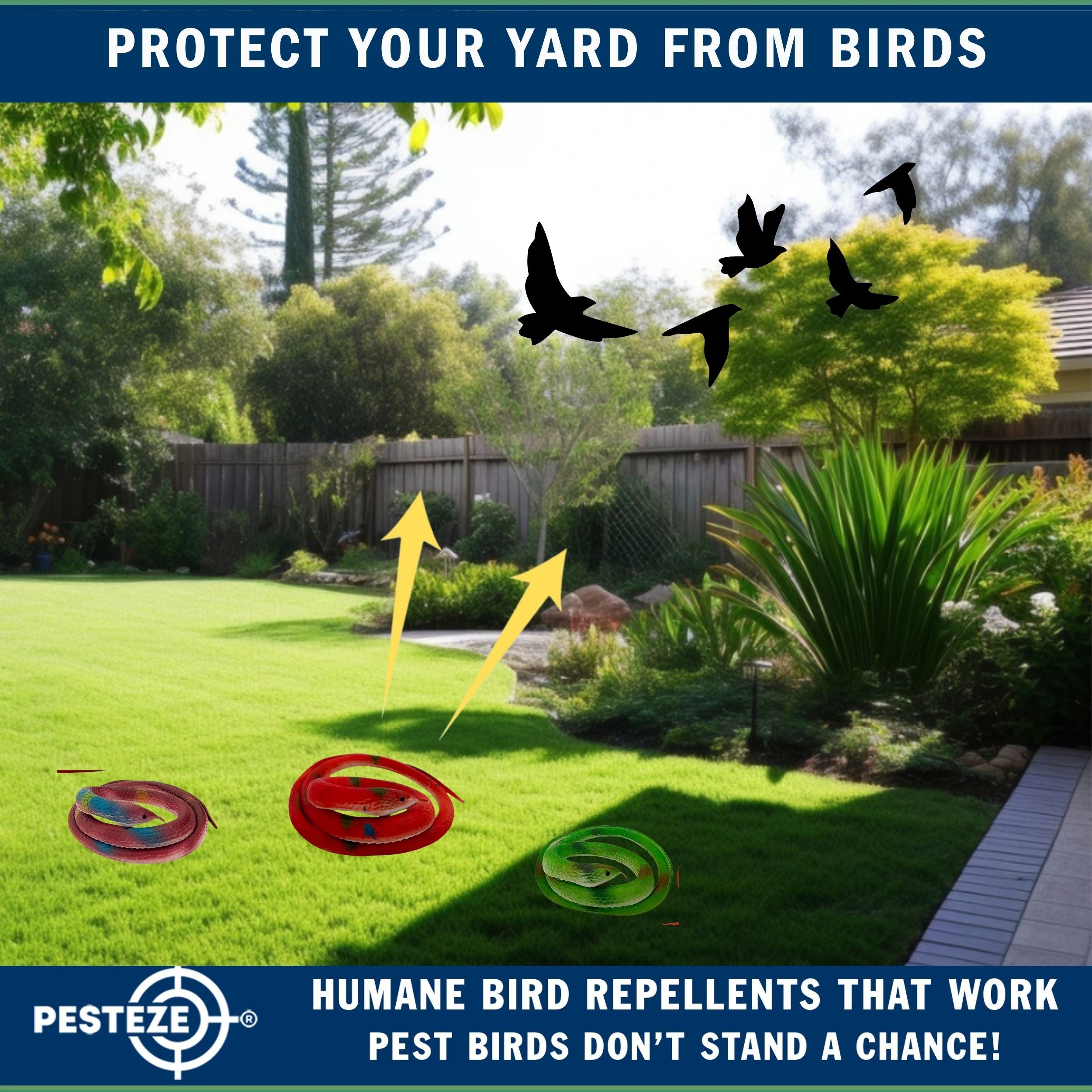 PESTEZE® Variety 27 Inch Realistic Rubber Snakes [5 Pack] Scares Pest Bids like Woodpeckers, Sparrows, Pigeons, Crows, Gulls & Critters without Harming them to Protect Property