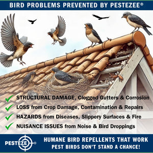 4 Pack PESTEZE® Shiny Holographic Owl Bird Repellent with Bell & Swivel [6 x 13.5 inch] Reflection Scares Pest Birds like Woodpeckers, Sparrows, Pigeons, Crows & Gulls without Harming them to Protect Property