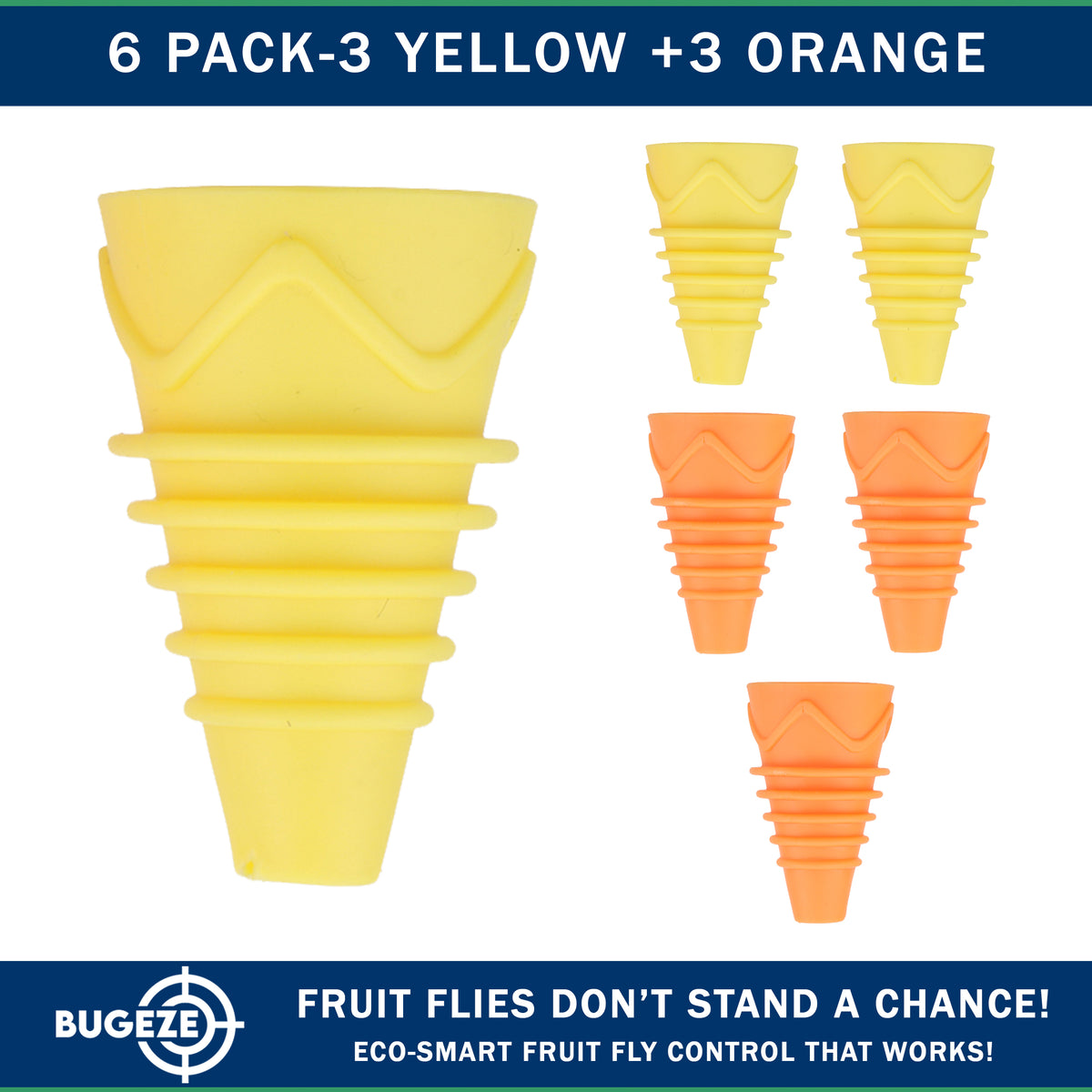 BUGEZE® USA Indoor Fruit Fly Trap for Kitchen – Reusable Bottle Top Gnat Catcher, Natural Fruit Fly Control for Home, Countertop & Pantry Safe [6 Pack -3 Yellow + 3 Orange]