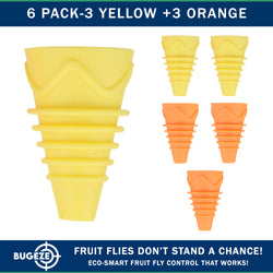 BUGEZE® USA Indoor Fruit Fly Trap for Kitchen – Reusable Bottle Top Gnat Catcher, Natural Fruit Fly Control for Home, Countertop & Pantry Safe [6 Pack -3 Yellow + 3 Orange]