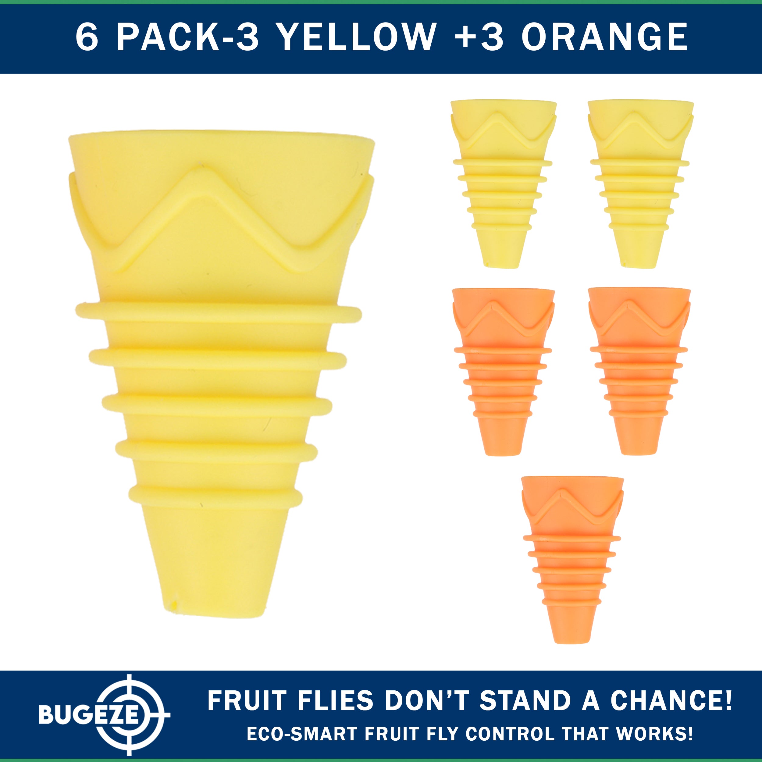 BUGEZE® USA Indoor Fruit Fly Trap for Kitchen – Reusable Bottle Top Gnat Catcher, Natural Fruit Fly Control for Home, Countertop & Pantry Safe [6 Pack -3 Yellow + 3 Orange]
