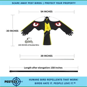 PESTEZE® Black Flying Hawk 46 x 26 Inch Kite with Scare Eyes & 13 ft Flagpole to Deter Birds. Use in Yards & Farms to Protect Vegetables, Fruits, Crops & Property from Pest Birds & Critters without Harming them