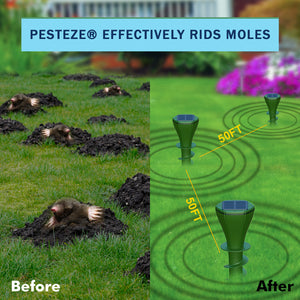 2 Pack PESTEZE® Reusable Solar Mole, Snake, Gopher, Vole, Chipmunk, Groundhog & Woodchuck Repeller. Vibration Quietly & Humanely Deters Burrowing Rodents from Destroying Yard. Waterproof & EZ Install