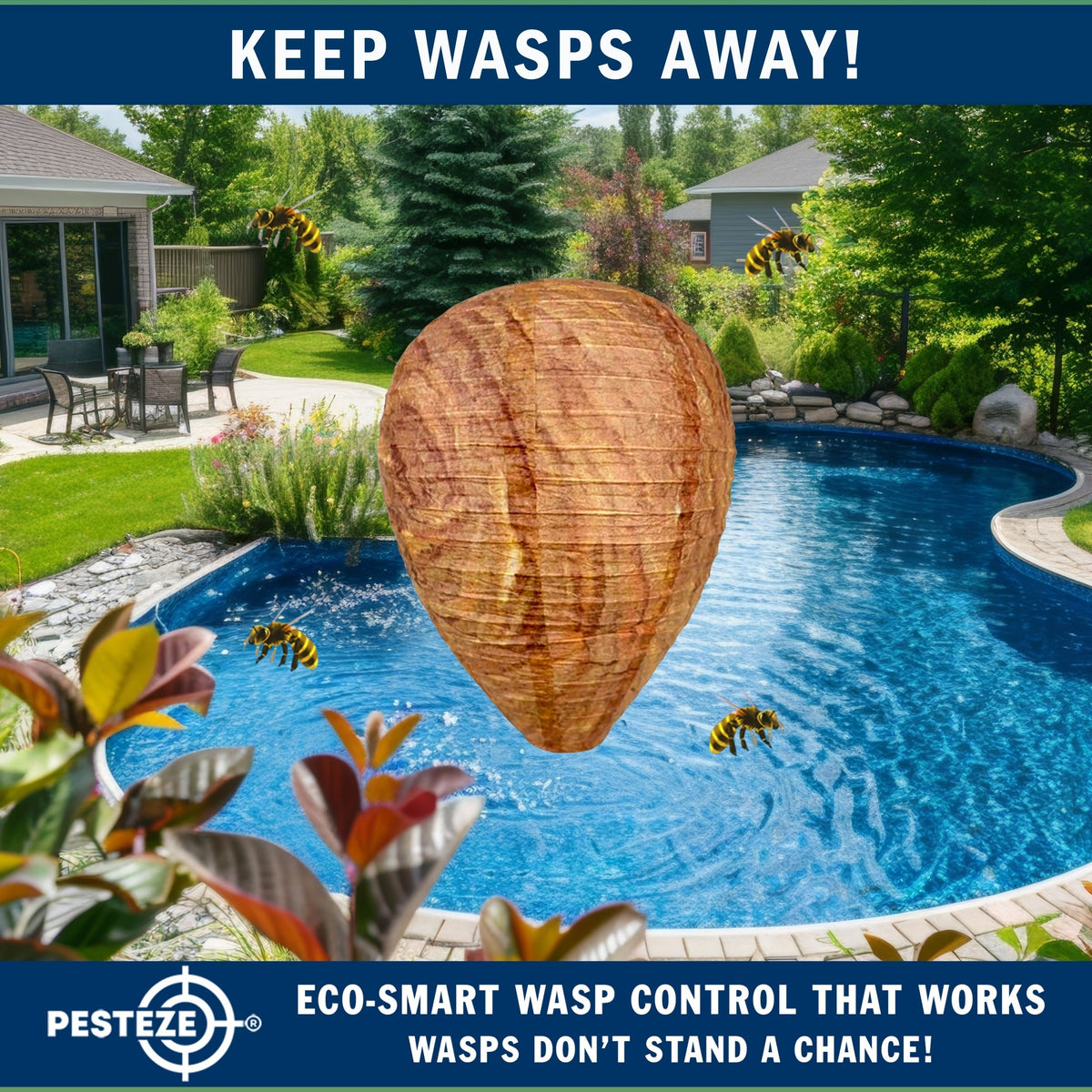 PESTEZE® USA 2 Pack Hanging Wasp Nest Decoy [11.8 x 8.6 Inch]—Faux Wasp, Hornet and Yellow Jacket Deterrent for Outdoor Spaces. Simulated Rival Hives Help Prevent New Nests Without any Harsh Chemicals