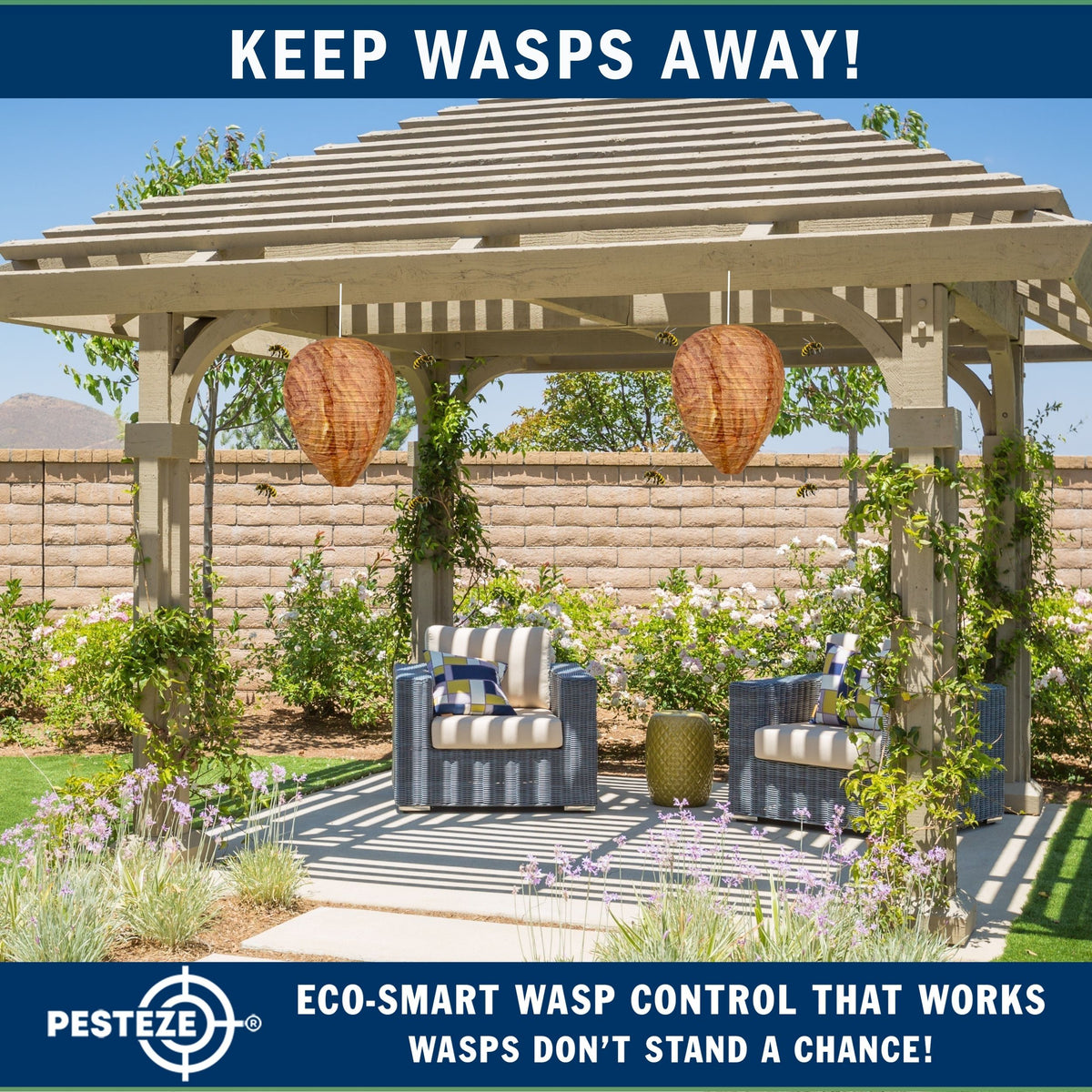 PESTEZE® USA 2 Pack Hanging Wasp Nest Decoy [11.8 x 8.6 Inch]—Faux Wasp, Hornet and Yellow Jacket Deterrent for Outdoor Spaces. Simulated Rival Hives Help Prevent New Nests Without any Harsh Chemicals