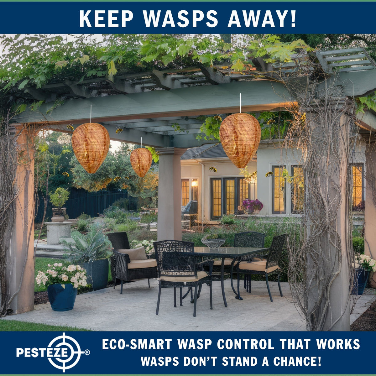 PESTEZE® USA 2 Pack Hanging Wasp Nest Decoy [11.8 x 8.6 Inch]—Faux Wasp, Hornet and Yellow Jacket Deterrent for Outdoor Spaces. Simulated Rival Hives Help Prevent New Nests Without any Harsh Chemicals