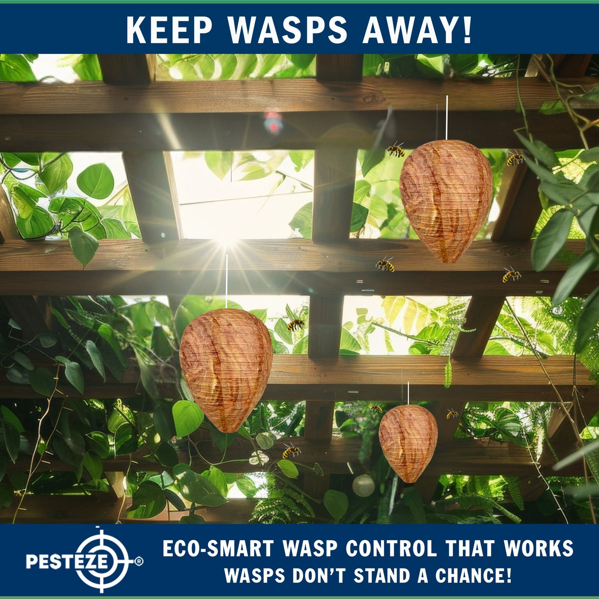 PESTEZE® USA 2 Pack Hanging Wasp Nest Decoy [11.8 x 8.6 Inch]—Faux Wasp, Hornet and Yellow Jacket Deterrent for Outdoor Spaces. Simulated Rival Hives Help Prevent New Nests Without any Harsh Chemicals