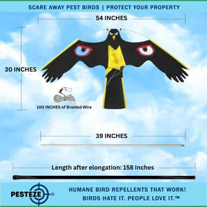 PESTEZE® Black Flying Hawk 46 x 26 Inch Kite with Scare Eyes & 13 ft Flagpole to Deter Birds. Use in Yards & Farms to Protect Vegetables, Fruits, Crops & Property from Pest Birds & Critters without Harming them