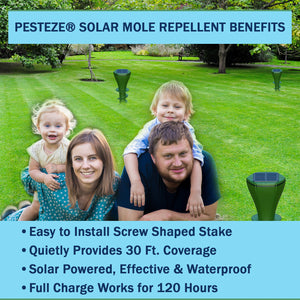 2 Pack PESTEZE® Reusable Solar Mole, Snake, Gopher, Vole, Chipmunk, Groundhog & Woodchuck Repeller. Vibration Quietly & Humanely Deters Burrowing Rodents from Destroying Yard. Waterproof & EZ Install