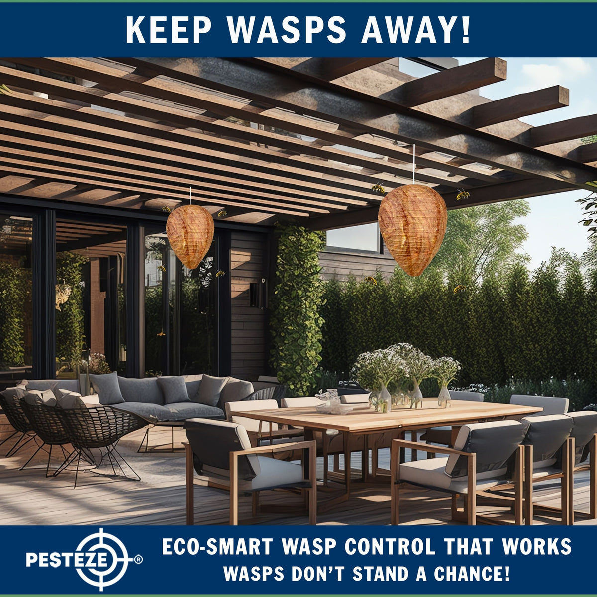 PESTEZE® USA 2 Pack Hanging Wasp Nest Decoy [11.8 x 8.6 Inch]—Faux Wasp, Hornet and Yellow Jacket Deterrent for Outdoor Spaces. Simulated Rival Hives Help Prevent New Nests Without any Harsh Chemicals