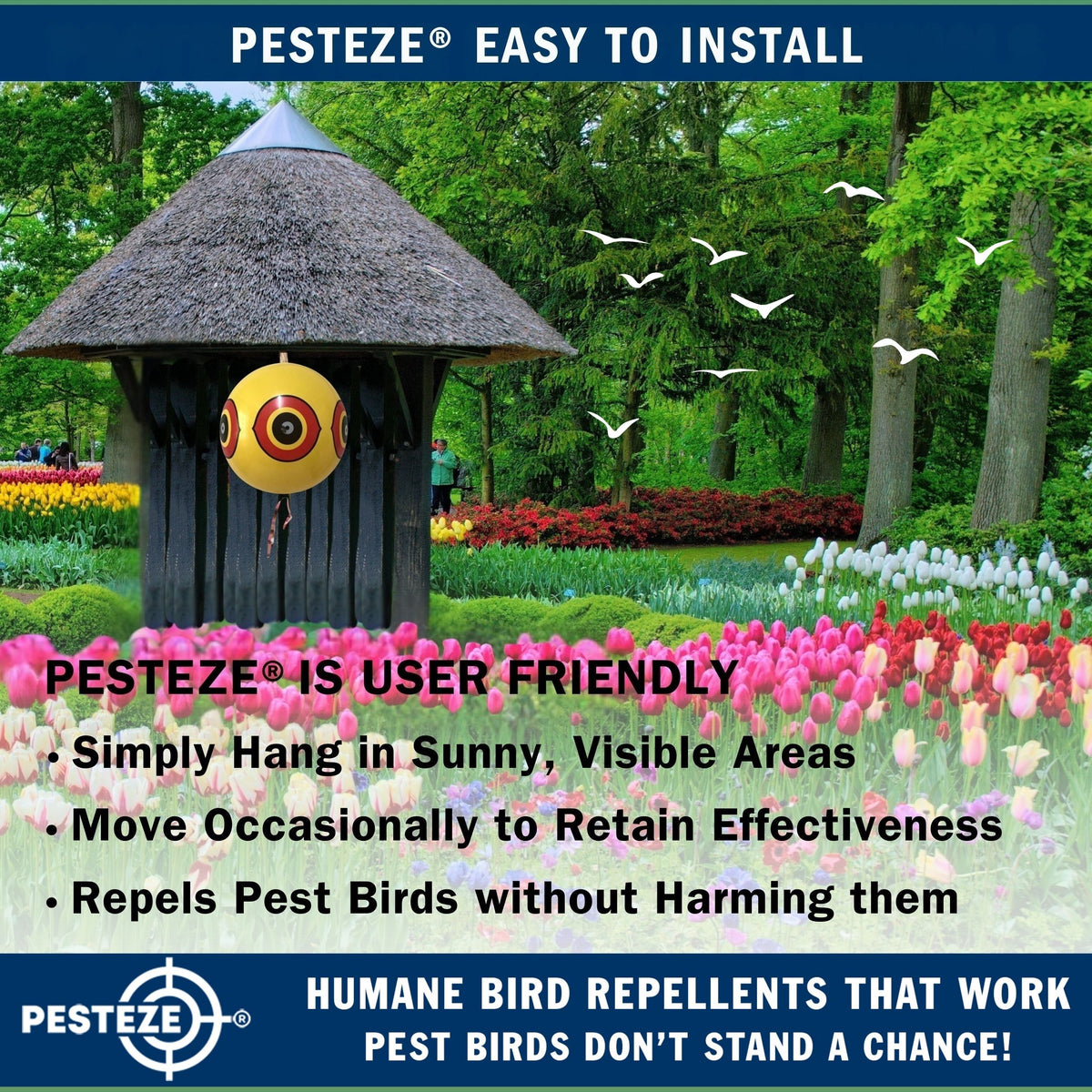 PESTEZE® USA Large 15" Red & Black Bird Predator-Eye Balloon Repellents [2 Pack Multi-Color] Deters Unwanted Pest Birds like Ducks Pigeons, Gulls, Geese & Critters from Pools & Yards Without Harming them to Protect Property