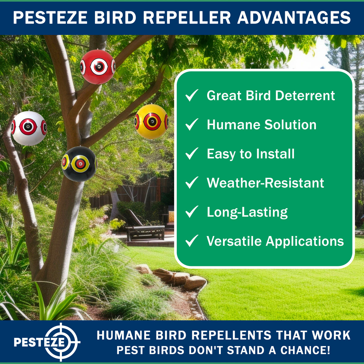 PESTEZE® USA Large 15" Black & White Bird Predator-Eye Balloon Repellents [2 Pack Multi-Color] Deters Unwanted Pest Birds like Ducks Pigeons, Gulls, Geese & Critters from Pools & Yards Without Harming them to Protect Property