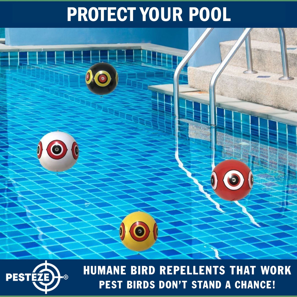 PESTEZE® USA Large 15" Red & White Bird Predator-Eye Balloon Repellents [2 Pack Multi-Color] Deters Unwanted Pest Birds like Ducks Pigeons, Gulls, Geese & Critters from Pools & Yards Without Harming them to Protect Property