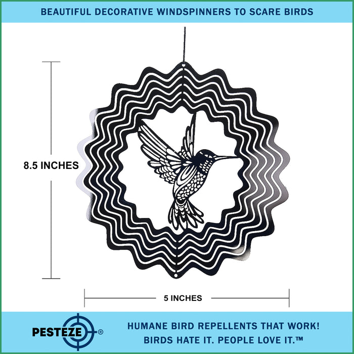 PESTEZE® Hummingbird Stainless Steel Highly Reflective Decorative 3D Wind Spinner for Deterring Unwanted Pest Birds & Critters. 5 X 8 Inch Premium Shiny, Beautiful, Long Lasting & Humane Bird Repellent