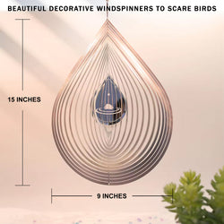 PESTEZE® Large Water Droplet Stainless Steel Highly Reflective Decorative 3D Wind Spinner for Repelling Unwanted Birds & Critters. 9 x 15 Inch Premium Shiny, Beautiful, Long Lasting & Durable Bird Repellent.