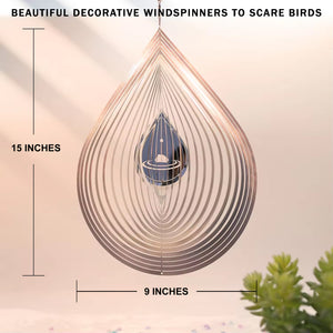 PESTEZE® Large Water Droplet Stainless Steel Highly Reflective Decorative 3D Wind Spinner for Repelling Unwanted Birds & Critters. 9 x 15 Inch Premium Shiny, Beautiful, Long Lasting & Durable Bird Repellent.