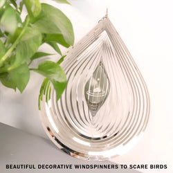PESTEZE® Large Water Droplet Stainless Steel Highly Reflective Decorative 3D Wind Spinner for Repelling Unwanted Birds & Critters. 9 x 15 Inch Premium Shiny, Beautiful, Long Lasting & Durable Bird Repellent.