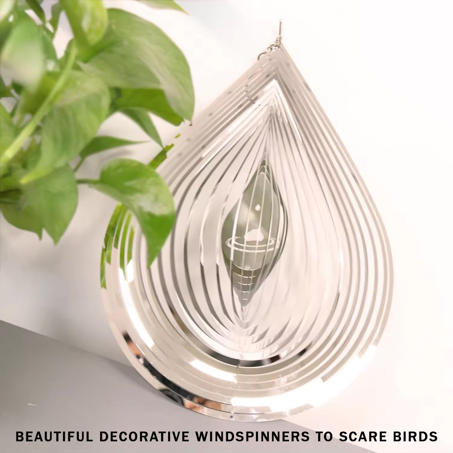 PESTEZE® Large Water Droplet Stainless Steel Highly Reflective Decorative 3D Wind Spinner for Repelling Unwanted Birds & Critters. 9 x 15 Inch Premium Shiny, Beautiful, Long Lasting & Durable Bird Repellent.
