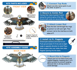 PESTEZE® USA Huge Blue Eagle Kite [63x29 Inch Kite with 13 Ft Flagpole] Provides Humane Bird Deterrence in Yards & Farms. Protects Vegetables, Fruits & Crops from Pest Birds & Critters