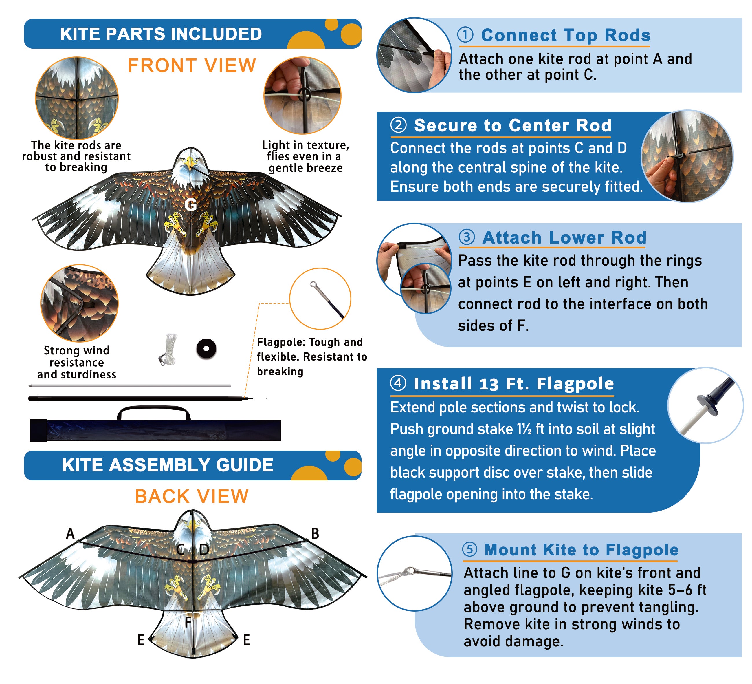 PESTEZE® USA Huge Blue Eagle Kite [63x29 Inch Kite with 13 Ft Flagpole] Provides Humane Bird Deterrence in Yards & Farms. Protects Vegetables, Fruits & Crops from Pest Birds & Critters