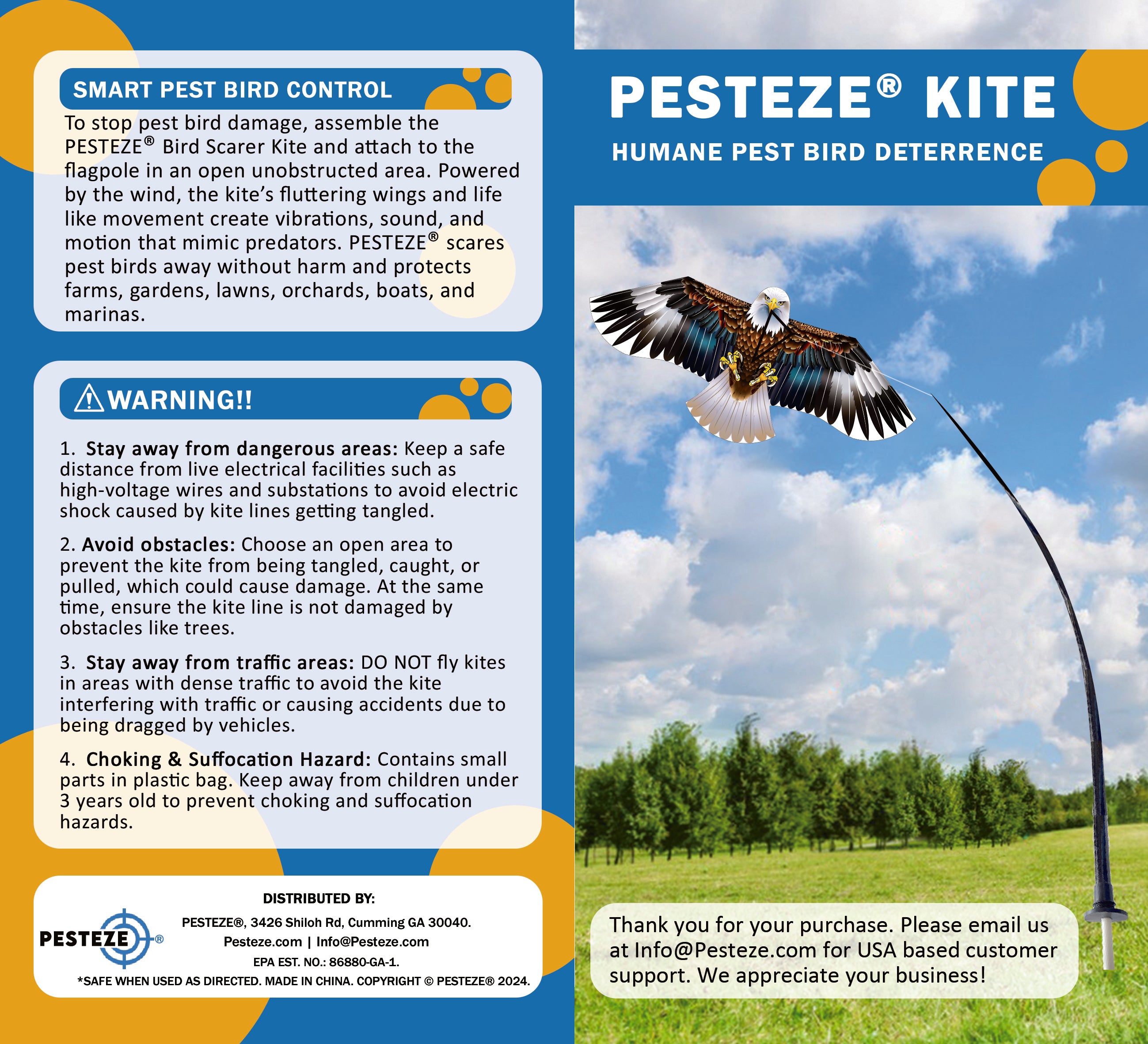 PESTEZE® USA Huge Blue Eagle Kite [63x29 Inch Kite with 13 Ft Flagpole] Provides Humane Bird Deterrence in Yards & Farms. Protects Vegetables, Fruits & Crops from Pest Birds & Critters