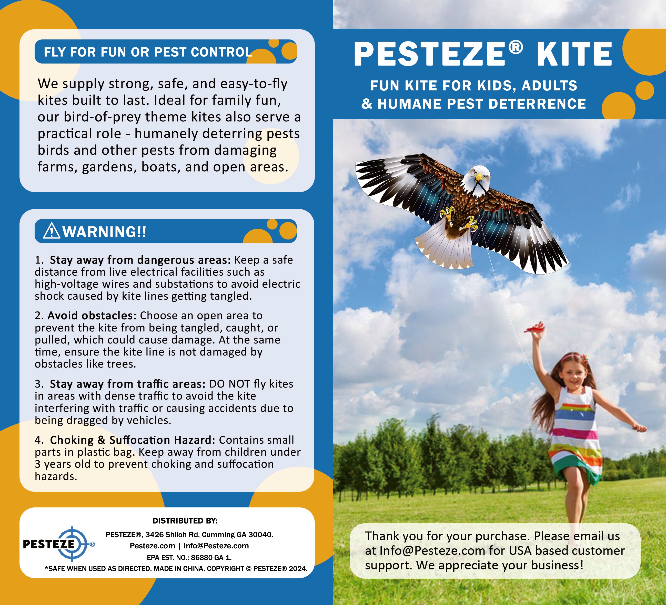 PESTEZE® USA Huge Blue Eagle Kite [2 Pack - 63x29 Inch]. EZ & Fun to Fly. Provides Humane Bird Deterrence in Yards & Farms. Protects Vegetables, Fruits & Crops from Pest Birds