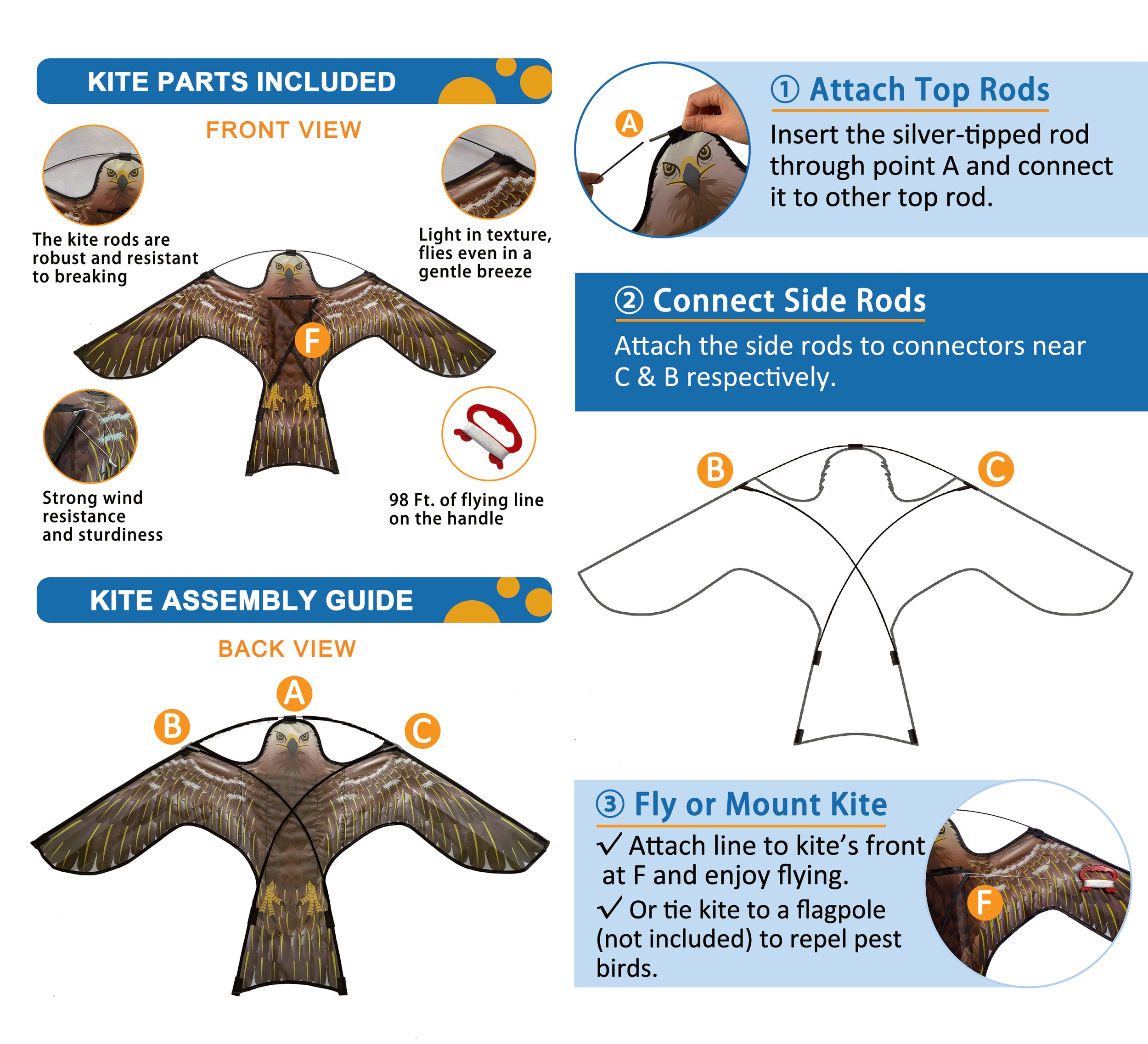 PESTEZE® USA Hawk Kite [2 Pack - 47x27 Inch Kite]. EZ and Fun to Fly. Also Provides Humane Bird Deterrence in Yards & Farms. Protects Vegetables, Fruits & Crops from Pest Birds