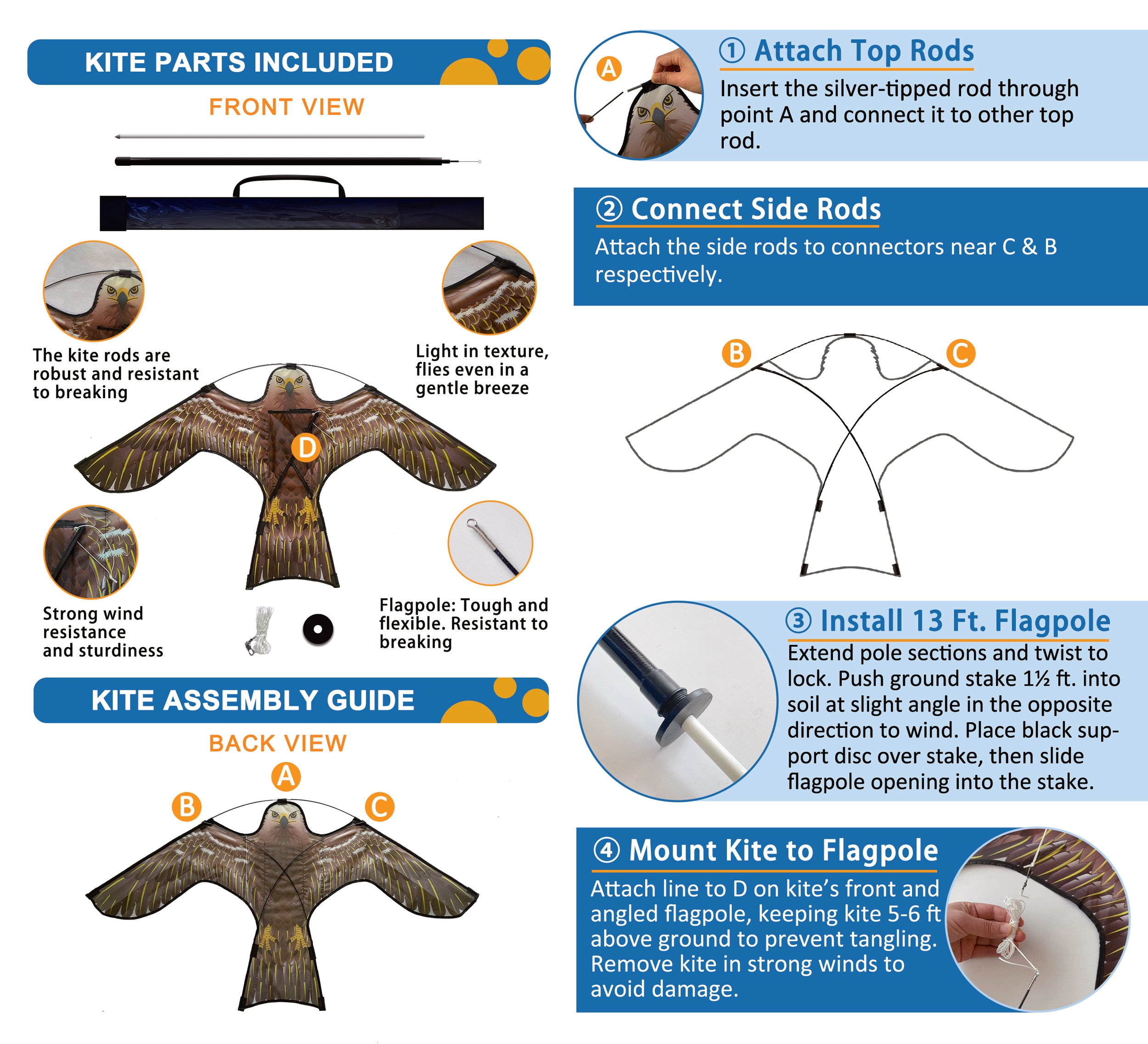 PESTEZE® USA Hawk Kite [47x27 Inch Kite with 13 Ft Flagpole] Provides Humane Bird Deterrence in Yards & Farms. Protects Vegetables, Fruits & Crops from Pest Birds & Critters