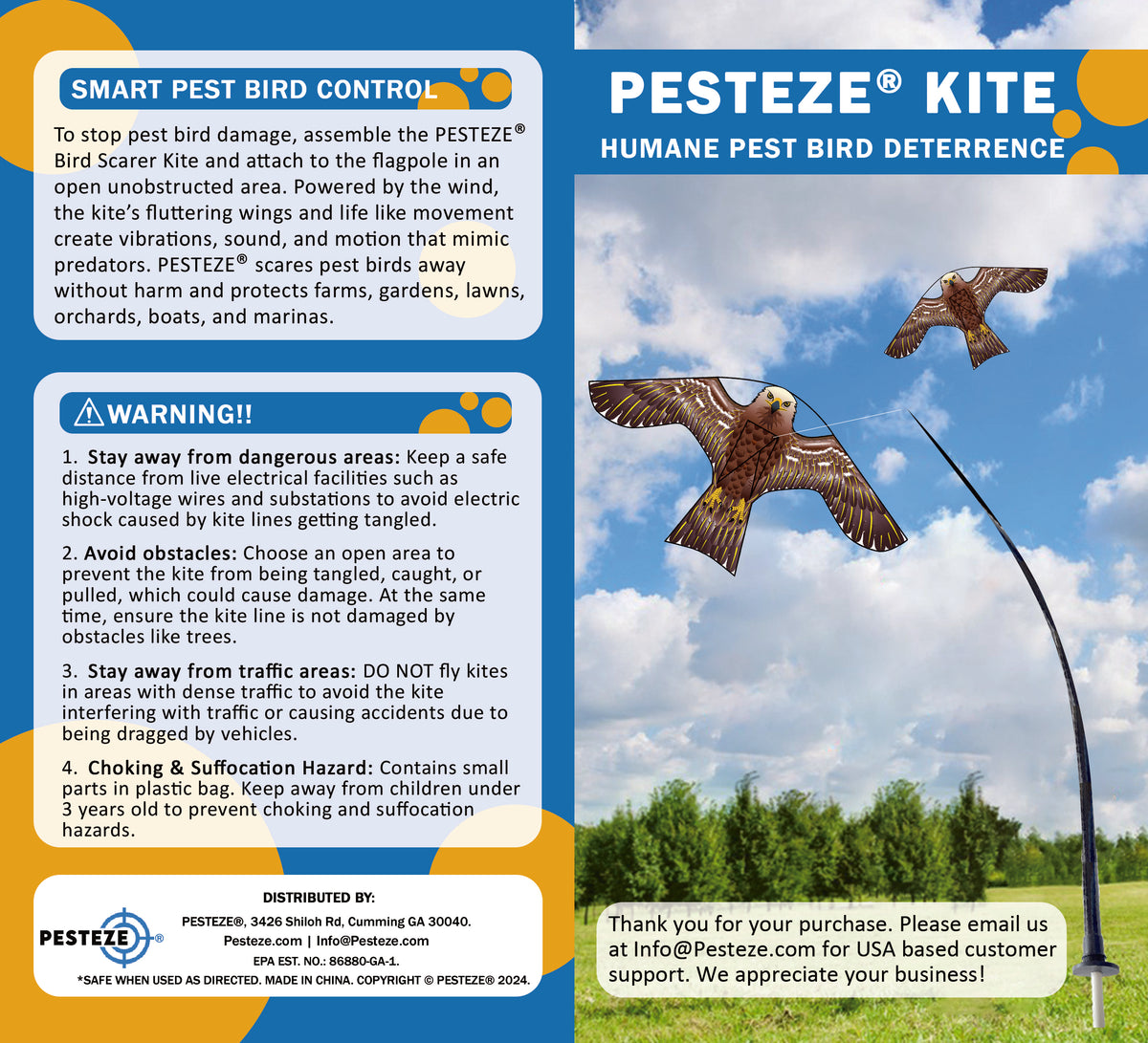 PESTEZE® USA Hawk Kite [47x27 Inch Kite with 13 Ft Flagpole] Provides Humane Bird Deterrence in Yards & Farms. Protects Vegetables, Fruits & Crops from Pest Birds & Critters
