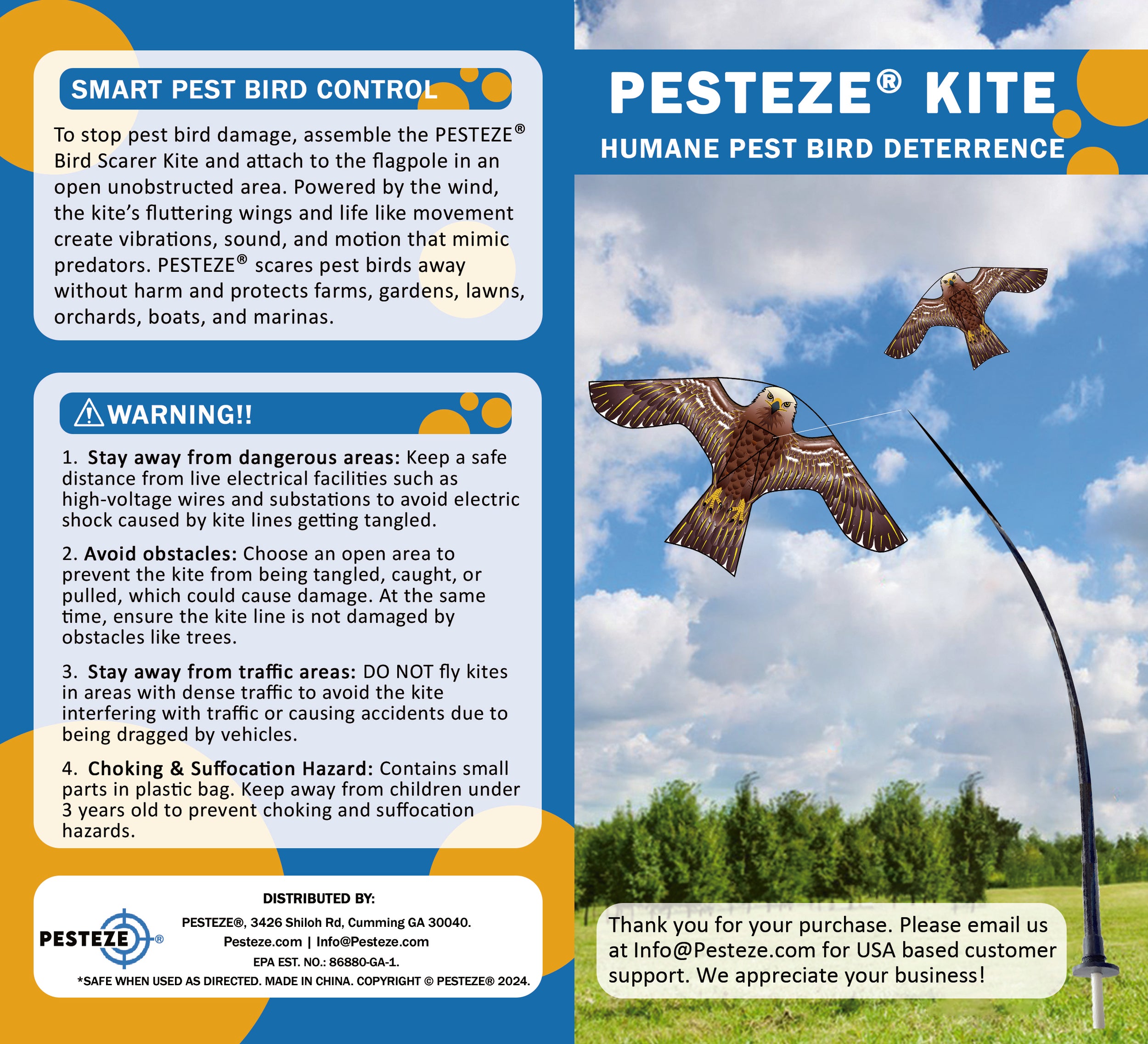 PESTEZE® USA Hawk Kite [47x27 Inch Kite with 13 Ft Flagpole] Provides Humane Bird Deterrence in Yards & Farms. Protects Vegetables, Fruits & Crops from Pest Birds & Critters