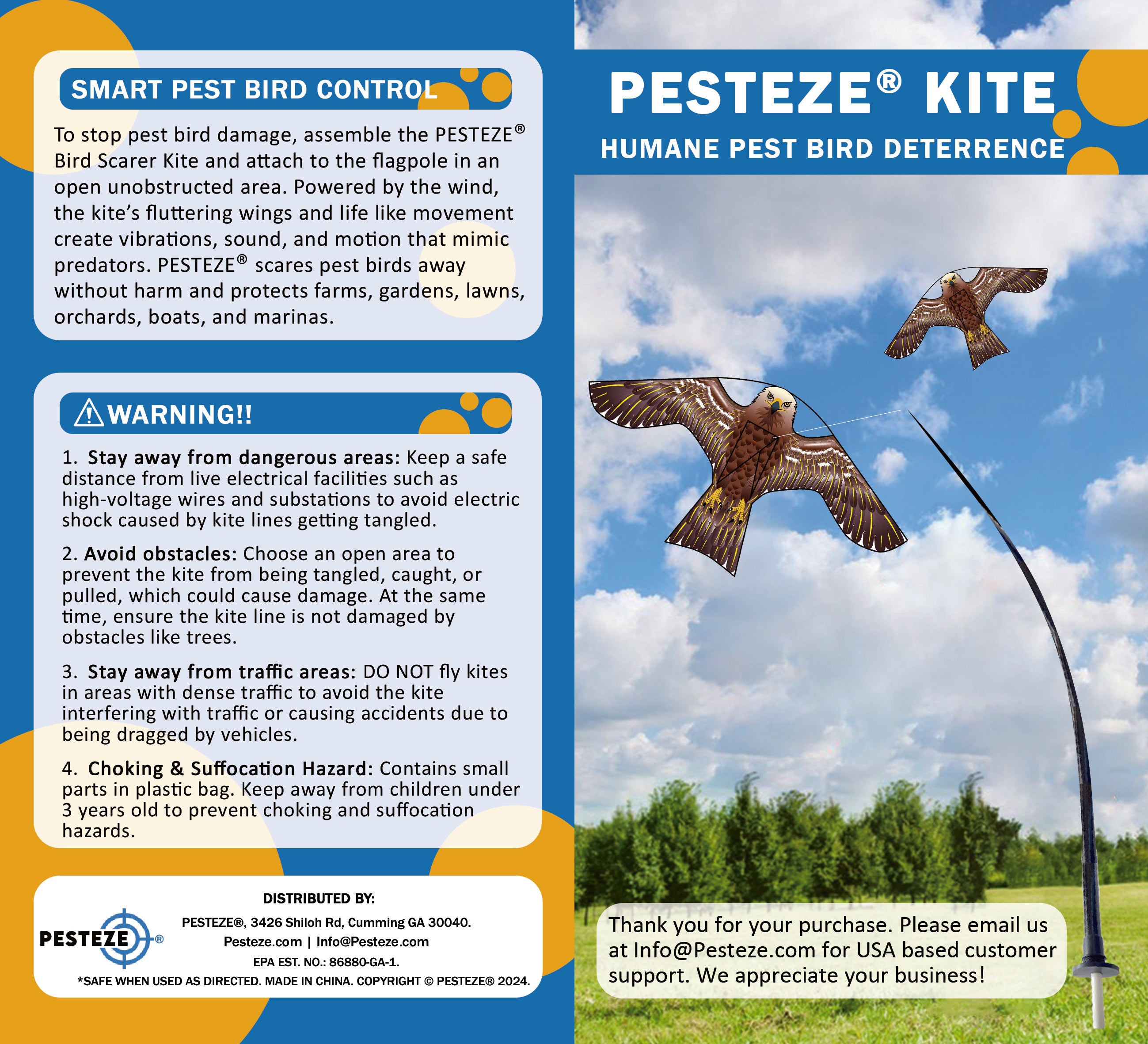 PESTEZE® USA Hawk Kite [47x27 Inch Kite with 13 Ft Flagpole] Provides Humane Bird Deterrence in Yards & Farms. Protects Vegetables, Fruits & Crops from Pest Birds & Critters