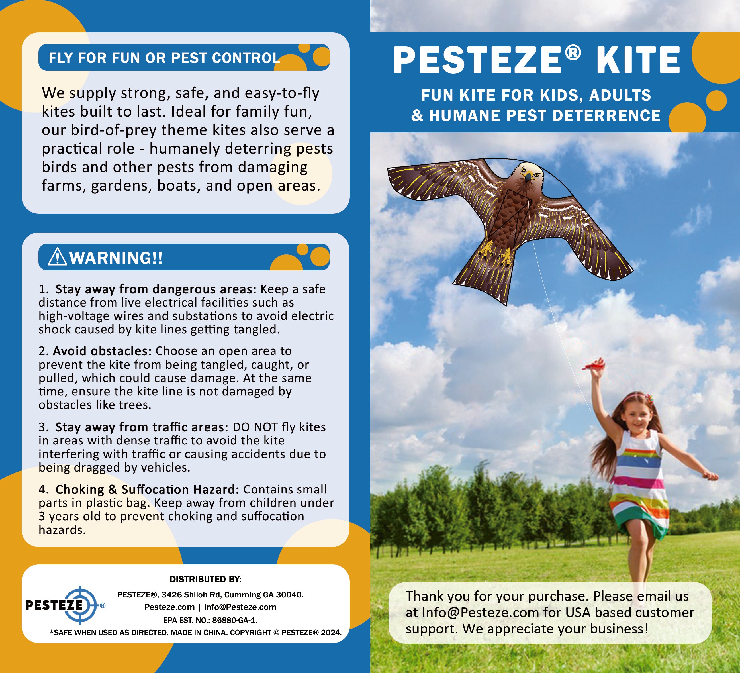 PESTEZE® USA Hawk Kite [47x27 Inch] EZ & Fun to Fly. Also Provides Humane Bird Deterrence in Yards & Farms. Protects Vegetables, Fruits & Crops from Pest Birds & Critters